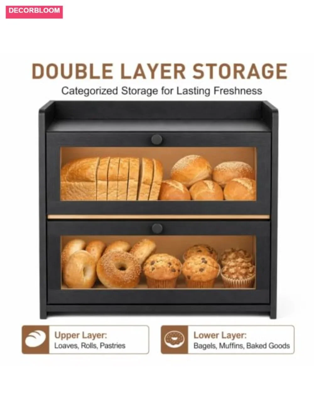 Large Double Layer Bamboo Bread Box with Clear Window and Magnetic Closure
